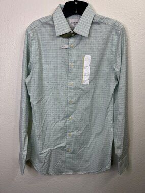 #1075 Goodfellow & Co Mens Slim Fit Long Sleeve Stretch Shirt S Mint Green Plaid